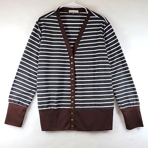 HIPSTER ROW Cardigan Gray White Striped with Brown Trim Snap Down Size 2XL